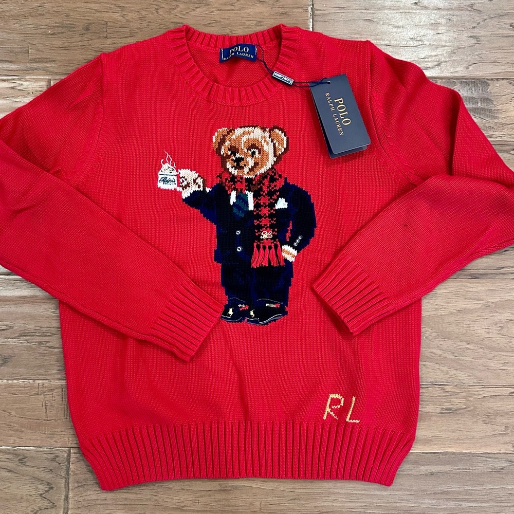 Polo by Ralph Lauren Men’s Red Bear Crewneck Sweater with Navy Knit Bear